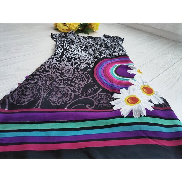 Rainbow Daisy Flower Black Dress Lined Boho Midi Short Sleeve M - Picture 6 of 13